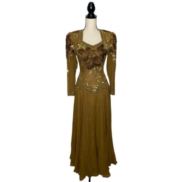 Isabella Vintage Silk Golden Sequin Beaded Embellished Evening Gown - Picture 5 of 16